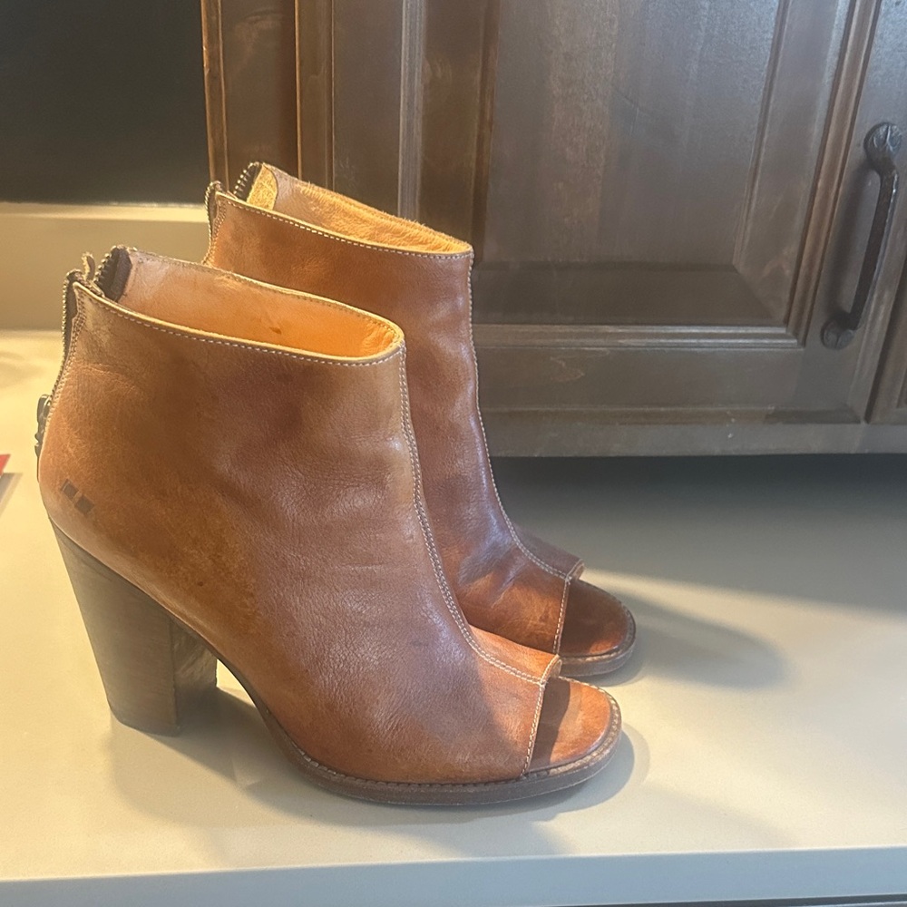 Bed Stu Tan Leather Peep-Toe Heeled Boots